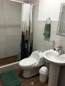 a bathroom with a white toilet and a sink at Spacious 3-bedroom and 2 bathroom home with private pool and patio and free Wi-Fi in Calango +26 photos