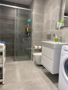 a bathroom with a shower and a toilet and a sink at Quiet apartment near Prague centre in Prague