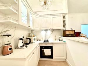 une cuisine blanche avec des placards blancs et un mixeur dans l'établissement FSF Boutique Apartament, à Timişoara