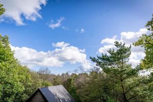 a house with trees and a blue sky with clouds at Dimmingsdale, woodland lodge with hot tub for 8 in Oakamoor