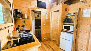 a kitchen with wooden walls and wooden flooring in a tiny house at Gîte de France La cabane du causse 1 étoile - Gîte de France 2 personnes MAE-6394 in Lissac-sur-Couze +10 photos