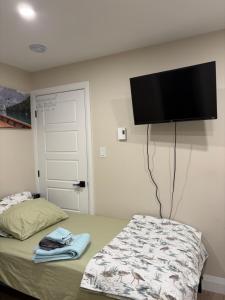 a bedroom with a bed and a flat screen tv on the wall at Studio unit with private entrance, 2 bed 1 bath in St. John's
