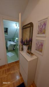 bagno con cassettiera, specchio e lavandino di Apartman "Andjela" a Belgrado