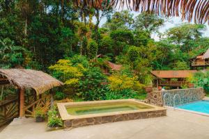 a backyard with a swimming pool and a house at Finca Las Palmas Ecolodge in Puyo