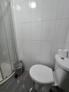 a white bathroom with a toilet and a shower at Snow hill rooms in Birmingham