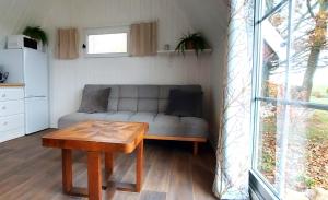 a living room with a couch and a table at Vier Winde Usedom - Ferienanlage in Krummin