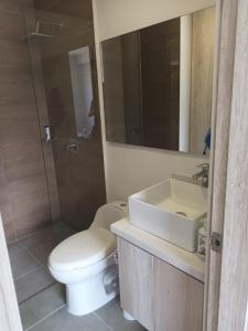 a bathroom with a toilet and a sink and a shower at La posada de Mayté in Santa Marta