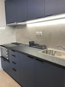 a kitchen with a sink and a counter top at Loft by the sea in Amfilochia