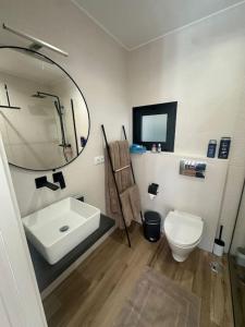 a bathroom with a sink and a toilet and a mirror at Tiny house in São Brás de Alportel +61 photos