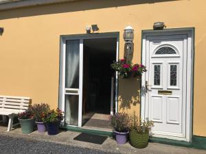 an open door with potted plants in front of a building at Cliff View Lodge Apartment in Liscannor