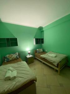 two beds in a room with green walls at Tirana Center Apartaments in Tirana