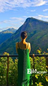 Una mujer con un vestido verde mirando las montañas en Ella Rock Mystery Guest, en Ella