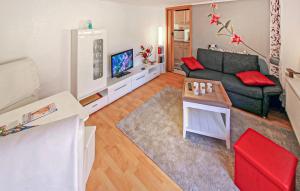 een woonkamer met een bank en een tv bij Ferienhaus Zempin Seebad in Zempin