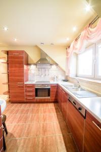 a large kitchen with wooden cabinets and a sink at Park Apartment in Krakow