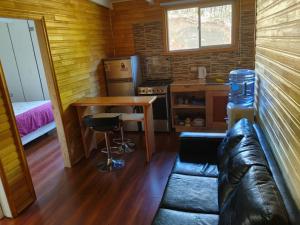 a living room with a couch and a table in a room at Cabañas Mirador del Puma in Hornopiren