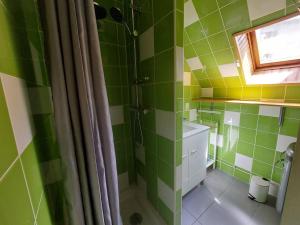 a green tiled bathroom with a shower and a sink at Maison spacieuse à Cauterets : 4 chambres, garage, sans animaux - FR-1-812-102 in Cauterets +5 photos
