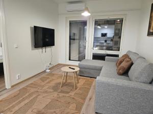 a living room with a couch and a table at Viola Apartments City Center in Rovaniemi