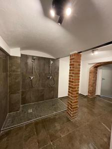 a bathroom with a shower and a brick pillar at Haus Charlottenburg 1, zentrumsnah gelegen, mit Blick auf die Festung in Königstein an der Elbe