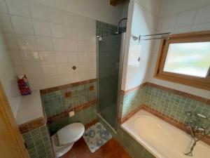 a bathroom with a tub and a toilet and a window at Grand chalet au centre in Anzère +6 photos