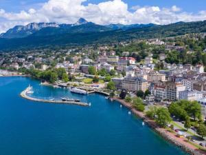 an aerial view of a city on the river at Appartement lumineux avec piscine et parking à Évian - FR-1-498-109 in Évian-les-Bains