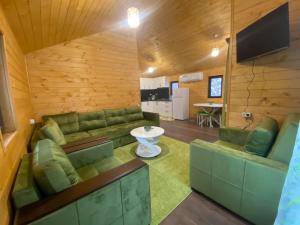a living room with a green couch and a television at Green World in Byurakan