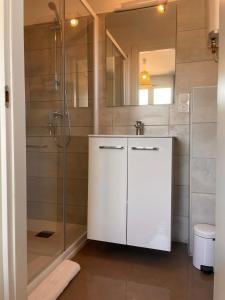 a bathroom with a shower and a white cabinet at Appartement CERICA proche de la plage de Saint Cyprien in Lecci