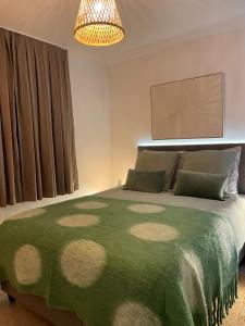 a bedroom with a large bed with a green blanket at Appartement CERICA proche de la plage de Saint Cyprien in Lecci +22 photos