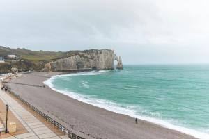 a view of a beach with a large rock formation at Le Rayon Vert - Vue sur l'aiguille et garage priv in Étretat