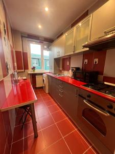 a kitchen with red counter tops and a red floor at Hive Boutique-Apart Craiova in Craiova