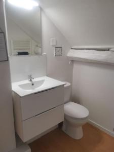 une salle de bains blanche avec toilettes et lavabo dans l'établissement Duplex House Paris-CDG-Astérix, à Orry-la-Ville
