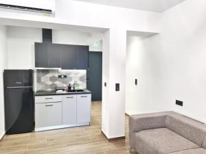 Il comprend une cuisine équipée d'un réfrigérateur et un canapé. dans l'établissement Agnanti-apartments, à Nikiti