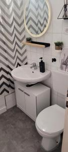 een badkamer met een toilet, een wastafel en een spiegel bij Ferienwohnung Aurelia in Bad Reichenhall +3 foto's