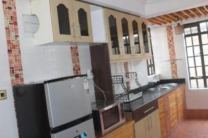a kitchen with a black and white refrigerator at Eshborns House - Near Jomo Kenyatta International Airport and SGR with shuttle services at an extra fee in Nairobi