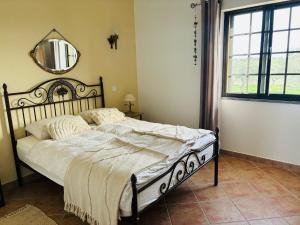 una camera da letto con un letto con uno specchio sul muro di Quinta Monte da Azinheira a Amareleja