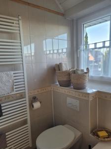 a bathroom with a toilet and a window at Ferienwohnung Ott in Amelinghausen +36 photos