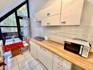 a kitchen with a counter with a microwave and a table at Pension Lenka 2 in Harrachov