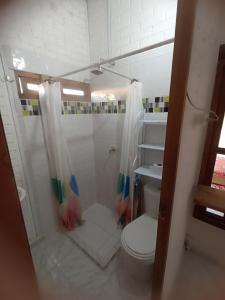 a bathroom with a shower with a toilet and a sink at Hostal Playa Descalzo in Cartagena de Indias