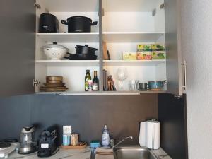 a kitchen with a sink and a shelf with dishes at El Silencio Apartments in Zurich