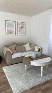 un salon avec un canapé et une table basse dans l'établissement Vinterhus nära Romme Alpin, à Borlänge