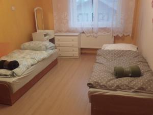 two beds in a small room with a window at IWA Noclegi dla pracowników in Moczadła