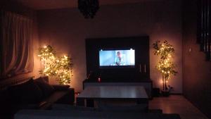 a living room with a television and christmas lights at "Ukryty w tujach" dom na wyłączność 6-14 osób in Międzyrzec Podlaski