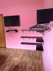 a room with a pink wall with a flat screen tv at Casa na beira do rio com Lareira in Itati