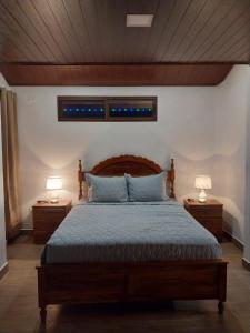 a bedroom with a large bed with two night stands at Cabaña Marys - privacidad y tranquilidad en las montañas de panamá in San Carlos