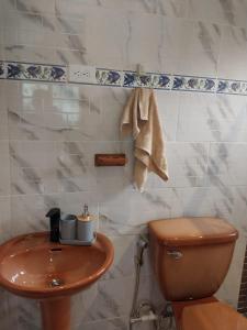 a bathroom with a wooden toilet and a sink at Cabaña Marys - privacidad y tranquilidad en las montañas de panamá in San Carlos