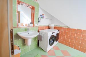 a bathroom with a washing machine and a sink at Apartman Anton Kvačany in Kvačany +3 photos