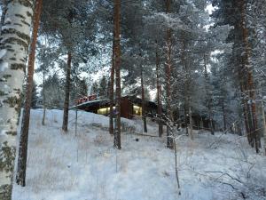 Vesivehmaa的住宿－Asikkalan Motelli，雪中树林中的房屋