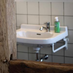 a bathroom sink with a green soap bottle on it at fantastische vakwerk boerderij nabij Maastricht in Banholt +35 photos