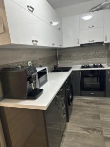 a kitchen with a counter top with a coffee maker on it at Alex Mnl Lux Apartment free parking D12 in Bucharest