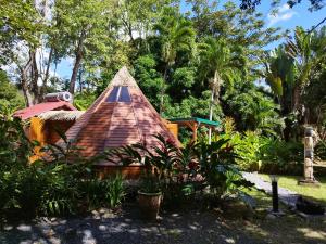a house with a thatched roof in a garden at Gite du Manial Tipi bois Danse du Soleil in Pointe-Noire +6 photos