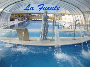 a statue in the middle of a swimming pool at cozy House with Secret Garden & Spa private in Fortuna